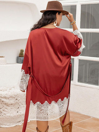 Plus Size Lace Patchwork Tie Front Robe, Trendsi - A Blissfully Beautiful Boutique
