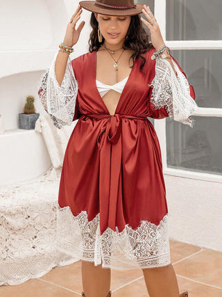 Plus Size Lace Patchwork Tie Front Robe, Trendsi - A Blissfully Beautiful Boutique