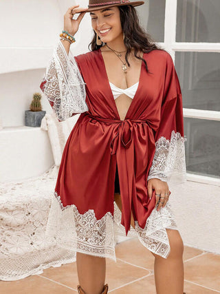 Plus Size Lace Patchwork Tie Front Robe, Trendsi - A Blissfully Beautiful Boutique