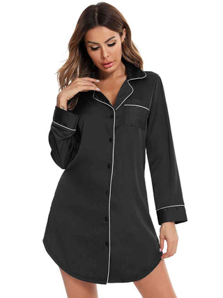 Button Up Lapel Collar Night Dress with Pocket, Trendsi - A Blissfully Beautiful Boutique