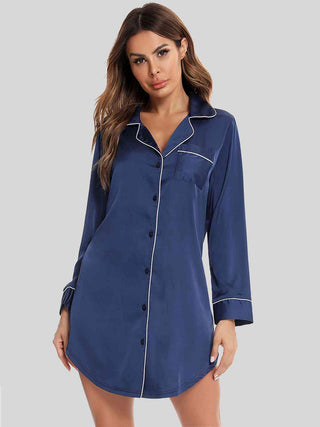 Button Up Lapel Collar Night Dress with Pocket, Trendsi - A Blissfully Beautiful Boutique