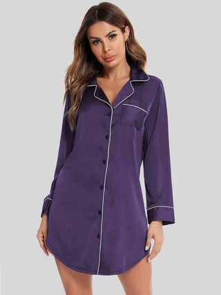 Button Up Lapel Collar Night Dress with Pocket, Trendsi - A Blissfully Beautiful Boutique