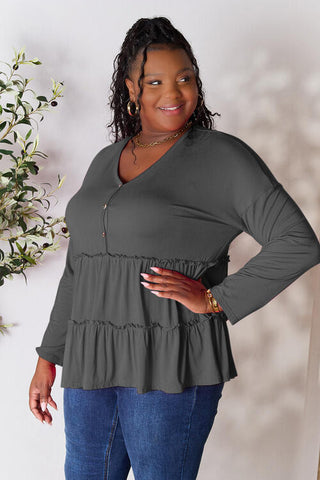 Double Take Half Button Long Sleeve Ruffle Hem Blouse, Trendsi - A Blissfully Beautiful Boutique