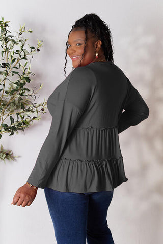 Double Take Half Button Long Sleeve Ruffle Hem Blouse, Trendsi - A Blissfully Beautiful Boutique