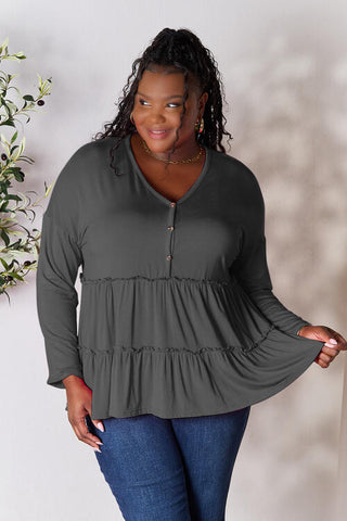 Double Take Half Button Long Sleeve Ruffle Hem Blouse, Trendsi - A Blissfully Beautiful Boutique