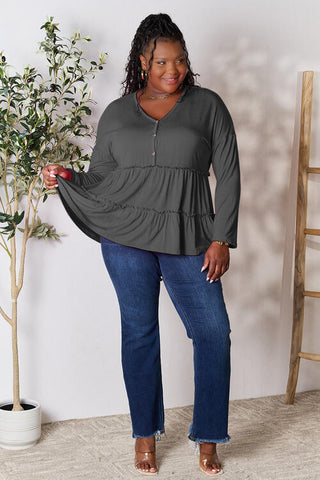 Double Take Half Button Long Sleeve Ruffle Hem Blouse, Trendsi - A Blissfully Beautiful Boutique
