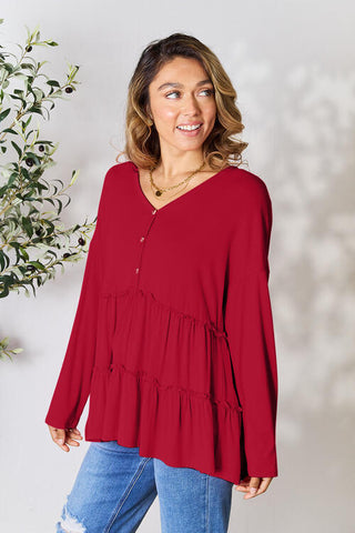 Double Take Half Button Long Sleeve Ruffle Hem Blouse, Trendsi - A Blissfully Beautiful Boutique