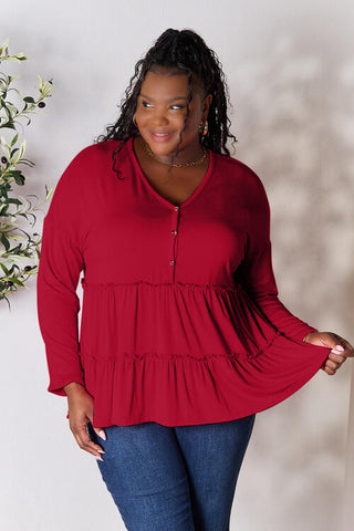 Double Take Half Button Long Sleeve Ruffle Hem Blouse, Trendsi - A Blissfully Beautiful Boutique