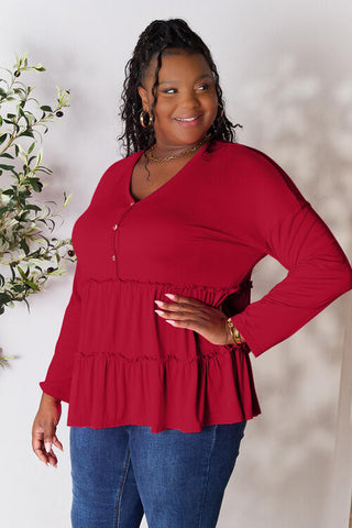 Double Take Half Button Long Sleeve Ruffle Hem Blouse, Trendsi - A Blissfully Beautiful Boutique