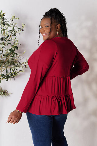 Double Take Half Button Long Sleeve Ruffle Hem Blouse, Trendsi - A Blissfully Beautiful Boutique
