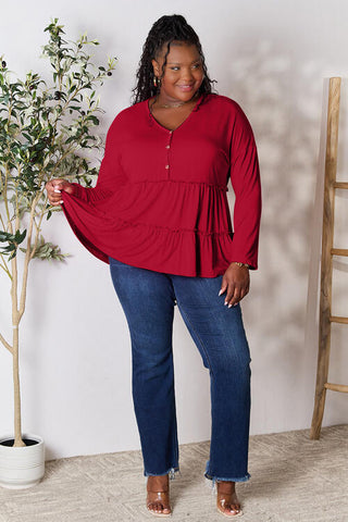 Double Take Half Button Long Sleeve Ruffle Hem Blouse, Trendsi - A Blissfully Beautiful Boutique