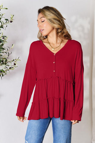 Double Take Half Button Long Sleeve Ruffle Hem Blouse, Trendsi - A Blissfully Beautiful Boutique