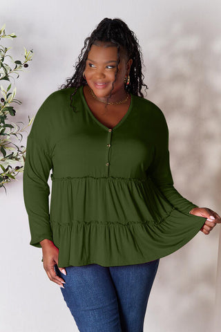 Double Take Half Button Long Sleeve Ruffle Hem Blouse, Trendsi - A Blissfully Beautiful Boutique