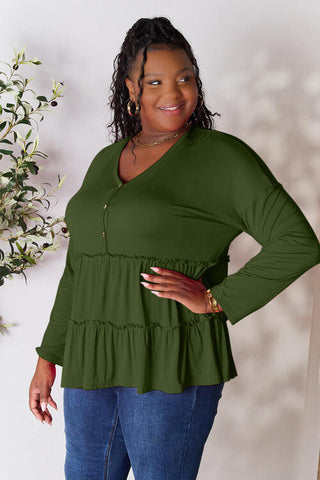 Double Take Half Button Long Sleeve Ruffle Hem Blouse, Trendsi - A Blissfully Beautiful Boutique