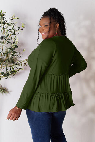 Double Take Half Button Long Sleeve Ruffle Hem Blouse, Trendsi - A Blissfully Beautiful Boutique
