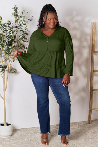 Double Take Half Button Long Sleeve Ruffle Hem Blouse, Trendsi - A Blissfully Beautiful Boutique