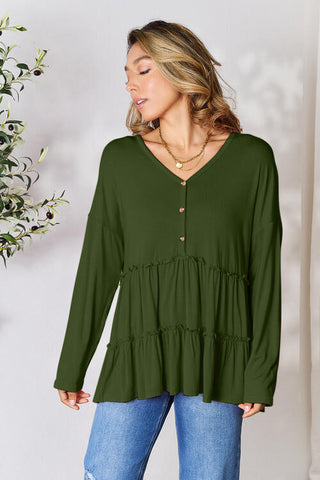 Double Take Half Button Long Sleeve Ruffle Hem Blouse, Trendsi - A Blissfully Beautiful Boutique