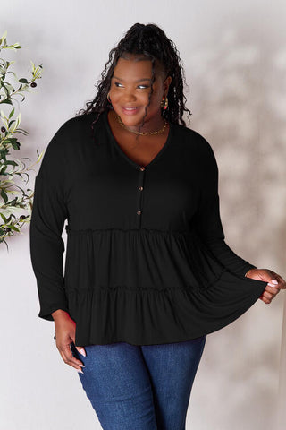 Double Take Half Button Long Sleeve Ruffle Hem Blouse, Trendsi - A Blissfully Beautiful Boutique