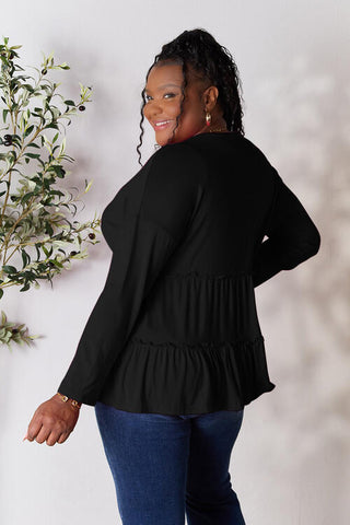 Double Take Half Button Long Sleeve Ruffle Hem Blouse, Trendsi - A Blissfully Beautiful Boutique