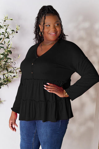 Double Take Half Button Long Sleeve Ruffle Hem Blouse, Trendsi - A Blissfully Beautiful Boutique