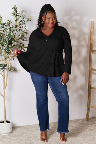 Double Take Half Button Long Sleeve Ruffle Hem Blouse, Trendsi - A Blissfully Beautiful Boutique