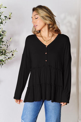 Double Take Half Button Long Sleeve Ruffle Hem Blouse, Trendsi - A Blissfully Beautiful Boutique