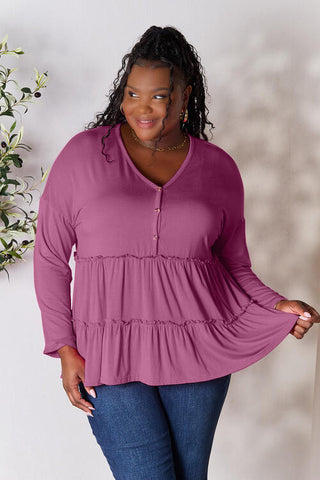Double Take Half Button Long Sleeve Ruffle Hem Blouse, Trendsi - A Blissfully Beautiful Boutique