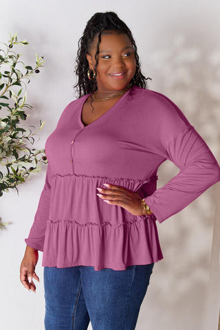 Double Take Half Button Long Sleeve Ruffle Hem Blouse, Trendsi - A Blissfully Beautiful Boutique