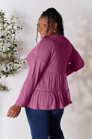 Double Take Half Button Long Sleeve Ruffle Hem Blouse, Trendsi - A Blissfully Beautiful Boutique