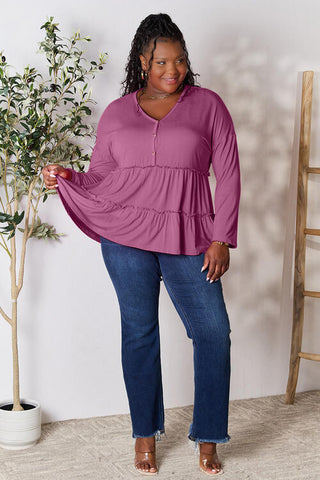 Double Take Half Button Long Sleeve Ruffle Hem Blouse, Trendsi - A Blissfully Beautiful Boutique