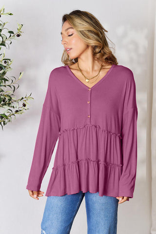 Double Take Half Button Long Sleeve Ruffle Hem Blouse, Trendsi - A Blissfully Beautiful Boutique