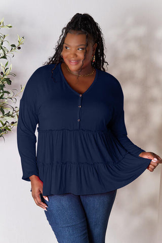 Double Take Half Button Long Sleeve Ruffle Hem Blouse, Trendsi - A Blissfully Beautiful Boutique