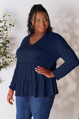Double Take Half Button Long Sleeve Ruffle Hem Blouse, Trendsi - A Blissfully Beautiful Boutique