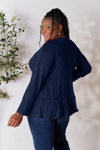 Double Take Half Button Long Sleeve Ruffle Hem Blouse, Trendsi - A Blissfully Beautiful Boutique