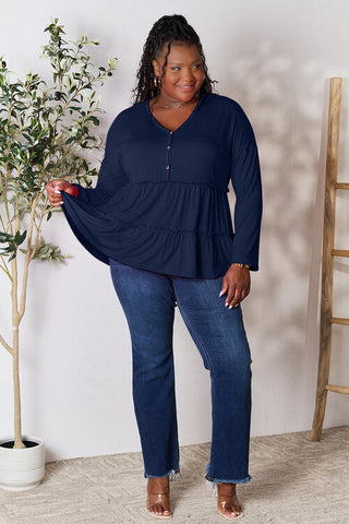 Double Take Half Button Long Sleeve Ruffle Hem Blouse, Trendsi - A Blissfully Beautiful Boutique