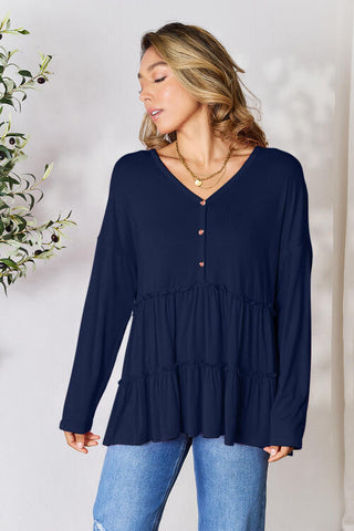 Double Take Half Button Long Sleeve Ruffle Hem Blouse, Trendsi - A Blissfully Beautiful Boutique