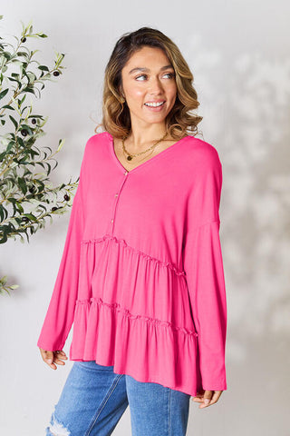 Double Take Half Button Long Sleeve Ruffle Hem Blouse, Trendsi - A Blissfully Beautiful Boutique