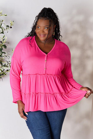 Double Take Half Button Long Sleeve Ruffle Hem Blouse, Trendsi - A Blissfully Beautiful Boutique