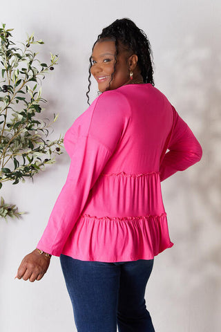 Double Take Half Button Long Sleeve Ruffle Hem Blouse, Trendsi - A Blissfully Beautiful Boutique