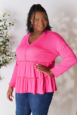 Double Take Half Button Long Sleeve Ruffle Hem Blouse, Trendsi - A Blissfully Beautiful Boutique