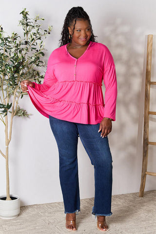 Double Take Half Button Long Sleeve Ruffle Hem Blouse, Trendsi - A Blissfully Beautiful Boutique