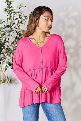 Double Take Half Button Long Sleeve Ruffle Hem Blouse, Trendsi - A Blissfully Beautiful Boutique