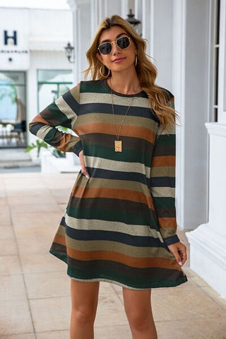 Striped Round Neck Long Sleeve Dress, Trendsi - A Blissfully Beautiful Boutique