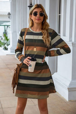 Striped Round Neck Long Sleeve Dress, Trendsi - A Blissfully Beautiful Boutique