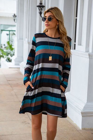 Striped Round Neck Long Sleeve Dress, Trendsi - A Blissfully Beautiful Boutique