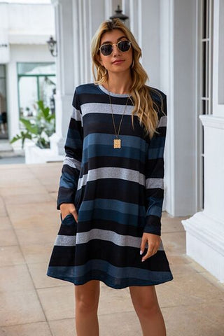 Striped Round Neck Long Sleeve Dress, Trendsi - A Blissfully Beautiful Boutique