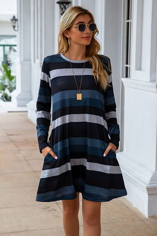 Striped Round Neck Long Sleeve Dress, Trendsi - A Blissfully Beautiful Boutique