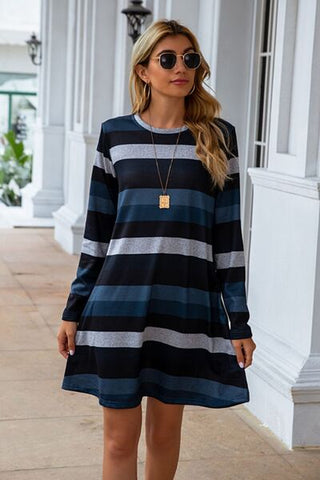 Striped Round Neck Long Sleeve Dress, Trendsi - A Blissfully Beautiful Boutique