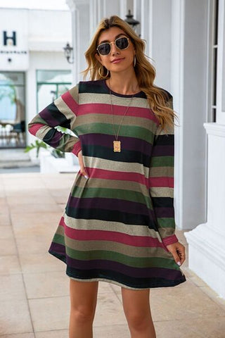Striped Round Neck Long Sleeve Dress, Trendsi - A Blissfully Beautiful Boutique