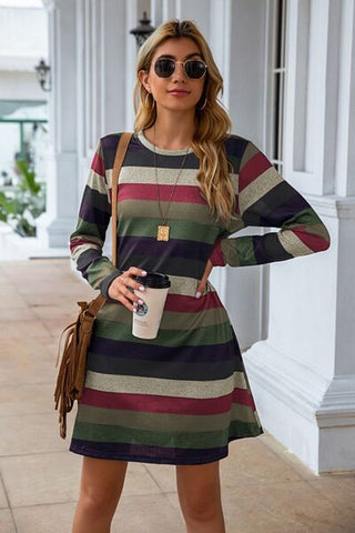 Striped Round Neck Long Sleeve Dress, Trendsi - A Blissfully Beautiful Boutique